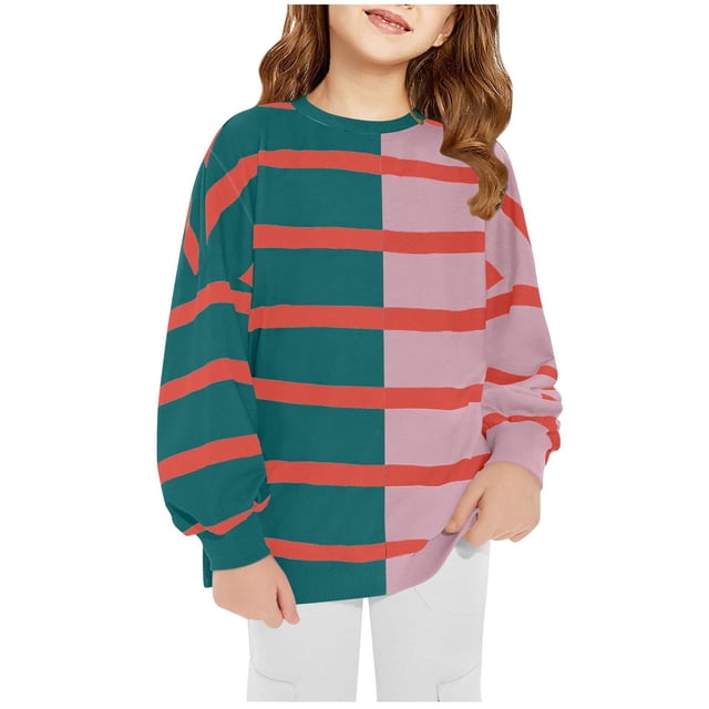 HAiming Girls Pullover Sweatshirts Trendy Color Block Striped Round Neck Long Sleeve Tops Fall Winter Casual Blouses