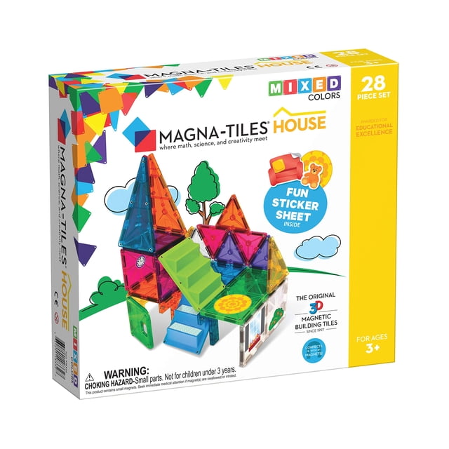 Magna-Tiles House 28 Piece Set featuring colourful magnetic tiles in various shapes, including squares, triangles, rectangles, and unique 'C' and 'T' shapes. The set includes staircases, a door, and a reusable sticker sheet for creative play. Designed for children aged 3 and up, this STEAM-certified toy promotes fine motor skills, creativity, and cognitive development. The packaging highlights the vibrant tiles and their compatibility with other Magna-Tiles sets.