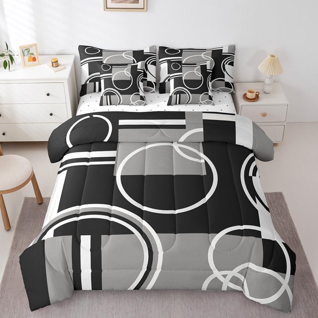 YST Ensemble de Literie Moderne Gris Noir à Rayures 7 Pcs Ensemble de Couette Géométrique Format Double Rétro Cercles Tourbillons Ensemble de Literie Déco de Chambre Texture Abstraite Couleur Art Drap-Housse pour Enfants Adultes
