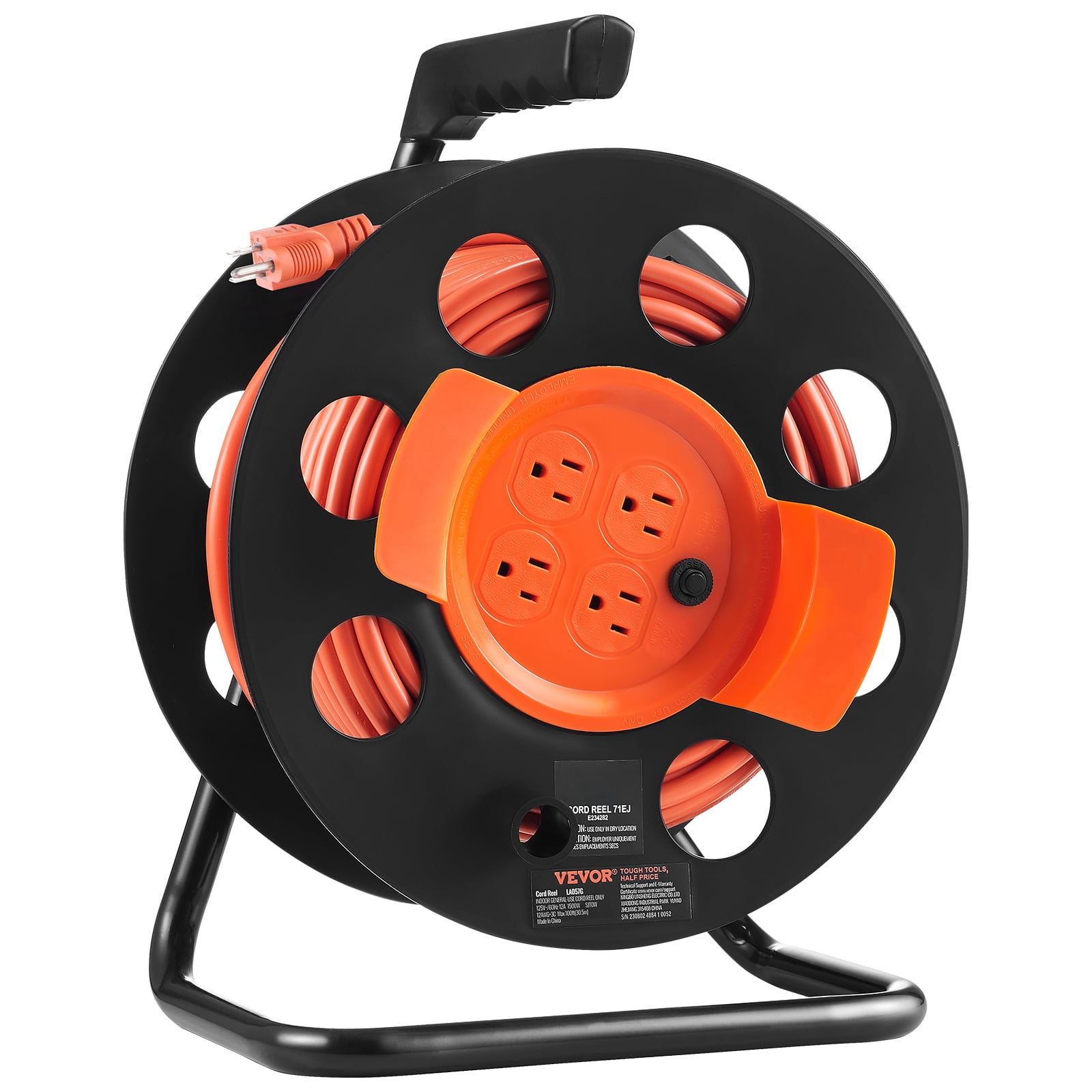 VEVOR Extension Cord Reel, 100FT, with 4 Outlets and Dust Cover, Heavy Duty 12AWG SJTOW Power Cord, Manual Cord Reel with Portable Handle Circuit Breaker