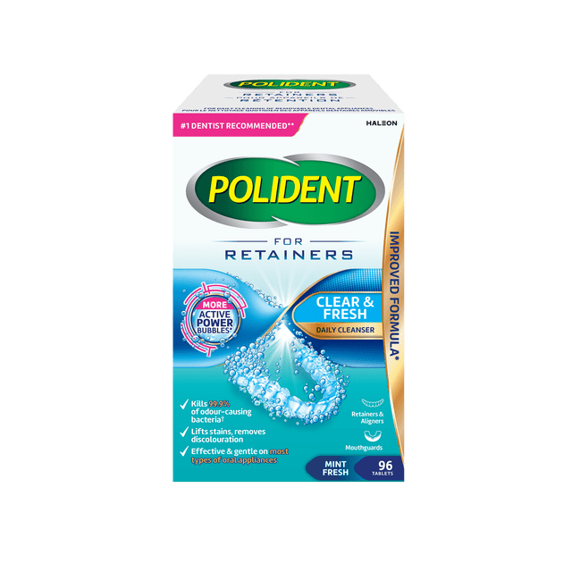 Polident for retainers tablets daily cleanser, 96 tablets box featuring green and yellow Polident logo, antibacterial formula killing 99.9% of odour-causing bacteria, removing stains and discolouration, gently cleaning retainers, aligners, and mouthguards with a mint fresh scent.