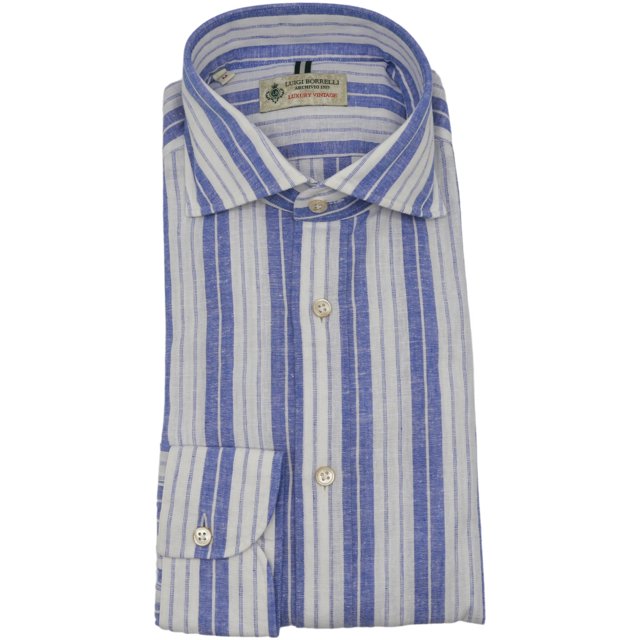 Borrelli Chemise Bleu et Blanc pour Homme LINEN Robe à Rayures - 41-16 (L)