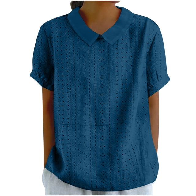 Timegard Womens Tops Eyelet Lapel Neck Back Button Short Sleeve Comfy Blouse Dressy Casual Tee Tops