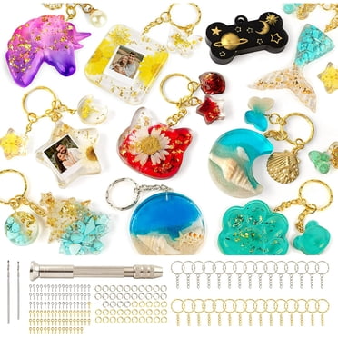 Mocoosy Ensemble de 182 Moules en Résine en Silicone, 32 Cavités Moules en Silicone pour Pendentifs Ornements pour Moulage de Résine Époxy, Ensemble de Fabrication de Porte-Clés en Résine Bricolage avec 1 Perceuse à Main 30 Anneaux de Clé 100 Goupilles à Vis