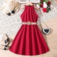 thumbnail image 2 of biudgviw Robe d'Été pour Filles Sans Manches à Col Licou, Épaules Dénudées, Ceinturée, Robe Trapèze Midi Décontractée, Robe Soleil 6-13 Ans, 2 of 3
