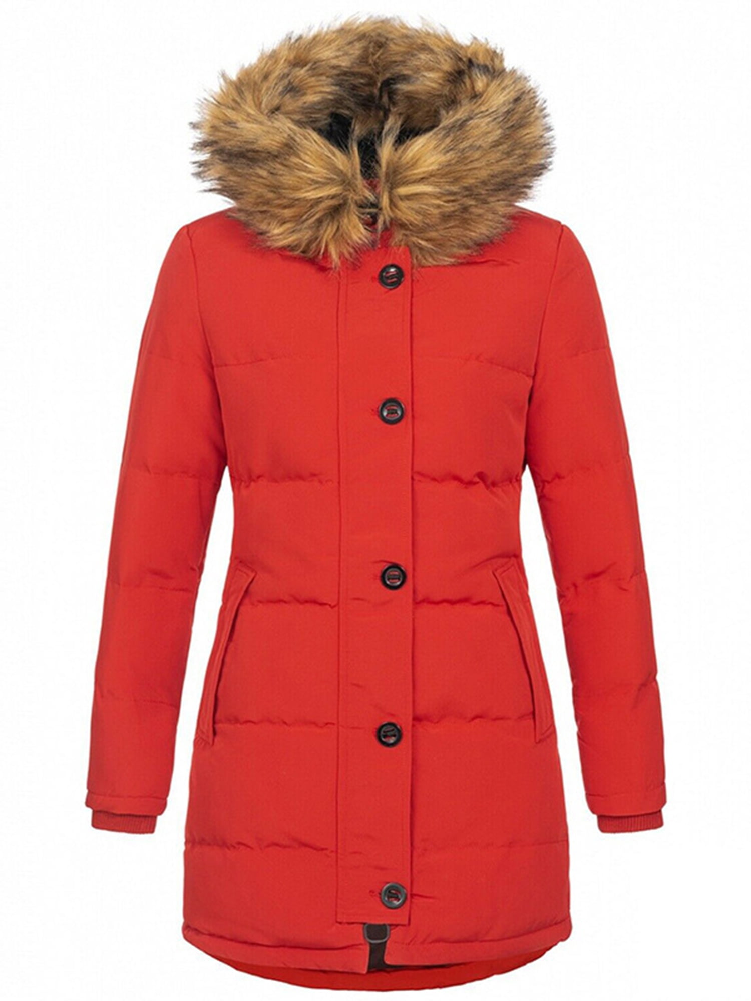Innerwin Thickened Jacket Long Sleeve Ladies Coat Outdoor Solid Color Slim Fit Outwear Red M