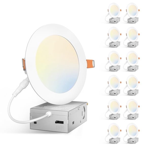Amico 12 Pack 5 Pouces 5CCT Lumière de Plafond Encastrée Ultra-Mince LED Sans Canettes avec Boîte de Jonction 2700K/3000K/3500K/4000K/5000K Sélectionnable 11W75W 900LM Haute Dimmable Downlight-ETL&FCC