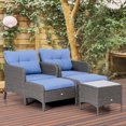 thumbnail image 2 of Outsunny 5 Pieces Wicker Patio Furniture Sofa Set Thick Padded Cushions, Outdoor PE Rattan Conversation Coffee Set with Armchairs, Footstools and Glass Top Table, Blue, 2 of 10