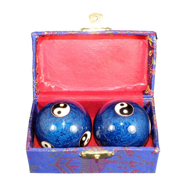 2 x Hand Balls Chinese Health Balls with Storage Box Portable Fitness Relaxation Gossip Blue. The image shows two blue Chinese baoding balls with a yin-yang design, placed inside a decorative blue and red storage box with a gold clasp. These hand massage balls are made of high-quality material with a smooth surface, designed for finger and wrist flexibility exercises, and relaxation. The compact size makes them ideal for home, travel, or office use.