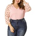 thumbnail image 2 of GRACE & GRANDEUR Chemises Blouse pour Femmes Grande Taille Col en V Manches 3/4 Raglan à Fleurs Décontracté Printemps Automne Hauts 4X Rose, 2 of 9