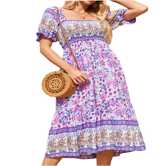 MesaSe Robe d'Été Bohème pour Femmes Imprimé Floral Col Carré à Volants Robe Longue Maxi de Plage Style E s