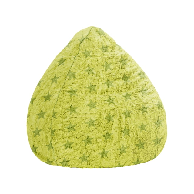 Gouchee Home Fluffy Stars Green Faux Fur Bean Bag Chair with star pattern, soft 100% polyester faux fur upholstery, filled with high-density polystyrene beads, 27" diameter by 43" height, lightweight and cozy seating suitable for kids' rooms, playrooms, or teen bedrooms.