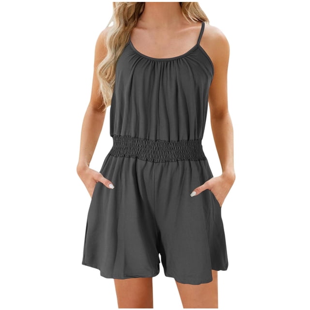 Timegard Rompers for Women Scoop Neck Elastic Waist Short Jumpsuit Casual Comfy Solid Color Outfits