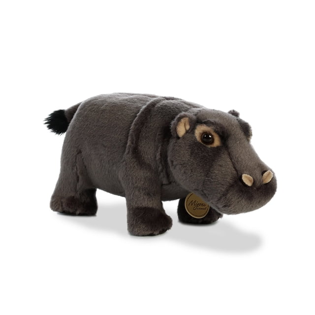 Aurora Stuffed Animals - Hippopotamus 10.5-inch plush toy featuring a soft, dark grey body with beige accents on the nose and ears. This hand-stitched Miyoni plush is approximately 5 x 7 x 5.5 inches in size, made from high-quality materials for durability and comfort. It includes a special hang tag with unique species information and is free from bean pellets, making it suitable for all ages.