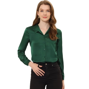 INSPIRE CHIC Women's Satin Top Turn Down Collar V Neck Long Sleeve Button Down Shirt Blouse Dark Green XS