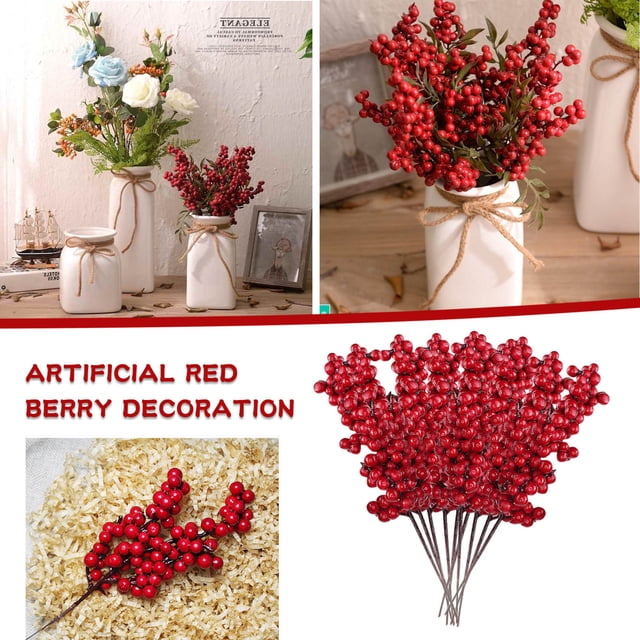 Red Berry Pick Holly Branch Wreath Tree Hanging Decoration Fake Flowers In Vase