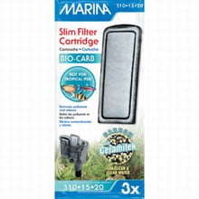 Marina Slim Filter Bio-Carb Replacement Cartridges for Tropical Fish Tanks, Size 3-Pack, showing rectangular disposable cartridges with activated carbon and Ceramitek ceramic biological media, compatible with Marina Slim Filter models S10, S15, and S20, designed to remove pollutants and odors and maintain healthy tropical aquariums.