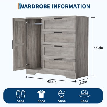 Contemporary Style - Gray Wooden Wardrobe Closet with Door, 4 Drawers & Hanging Rod - Spacious Bedroom Storage Cabinet & Clothes Dresser - Ideal for Bedroom, Laundry, Cloak Room - Grey