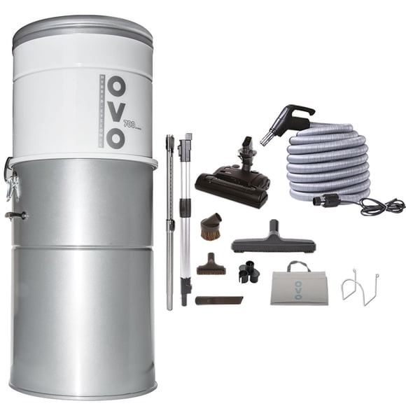 Aspirateur Central OVO, Filtration hybrid ( Avec ou Sans Sac de filtration Jetable), Capacité de 35L, 700 Air Watts + Ensemble d'accessoires à Tapis Deluxe de 30pi. Inclus