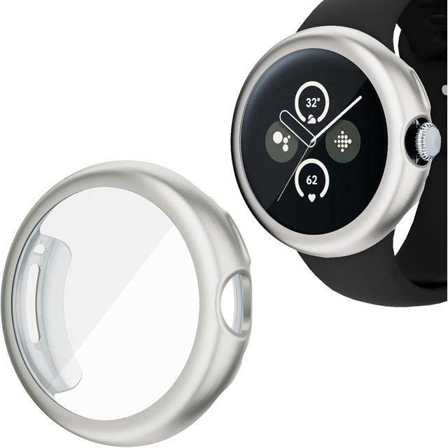 KOMI Compatible with Google Pixel Watch 2/Pixel Watch Screen Protector Case Frosted Matte Soft TPU Cover Full Protective Case Built-in HD Screen Film Accessories(Silver,Pixel Watch1/2)