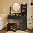 thumbnail image 1 of GloryStar Coiffeuse de Chambre, Petite Coiffeuse avec Miroir Rond Éclairé, Prise de Courant, 4 Tiroirs de Rangement en Tissu et 3 Étagères, 1 of 7