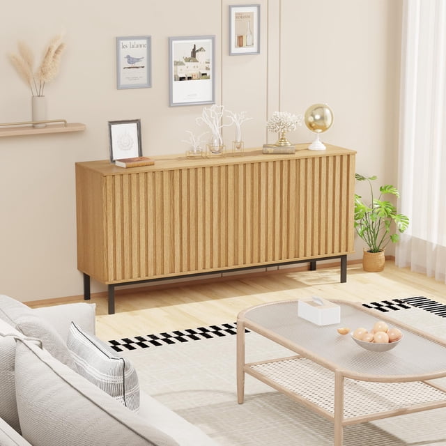 Kojooin Buffet-Vaisselier Autoportant en Bois avec Portes Cannelées, Rangement à Tablette Ajustable, Armoire de Rangement Moderne pour Bar à Café pour Salle à Manger