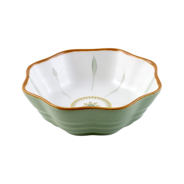 Vienna ceramic 4.4 inch saucer with scalloped edges, white interior decorated with green leaf motifs and a central sunburst pattern, muted green exterior, and brown rim, made of durable porcelain, dishwasher and microwave safe, suitable for serving appetizers or desserts.