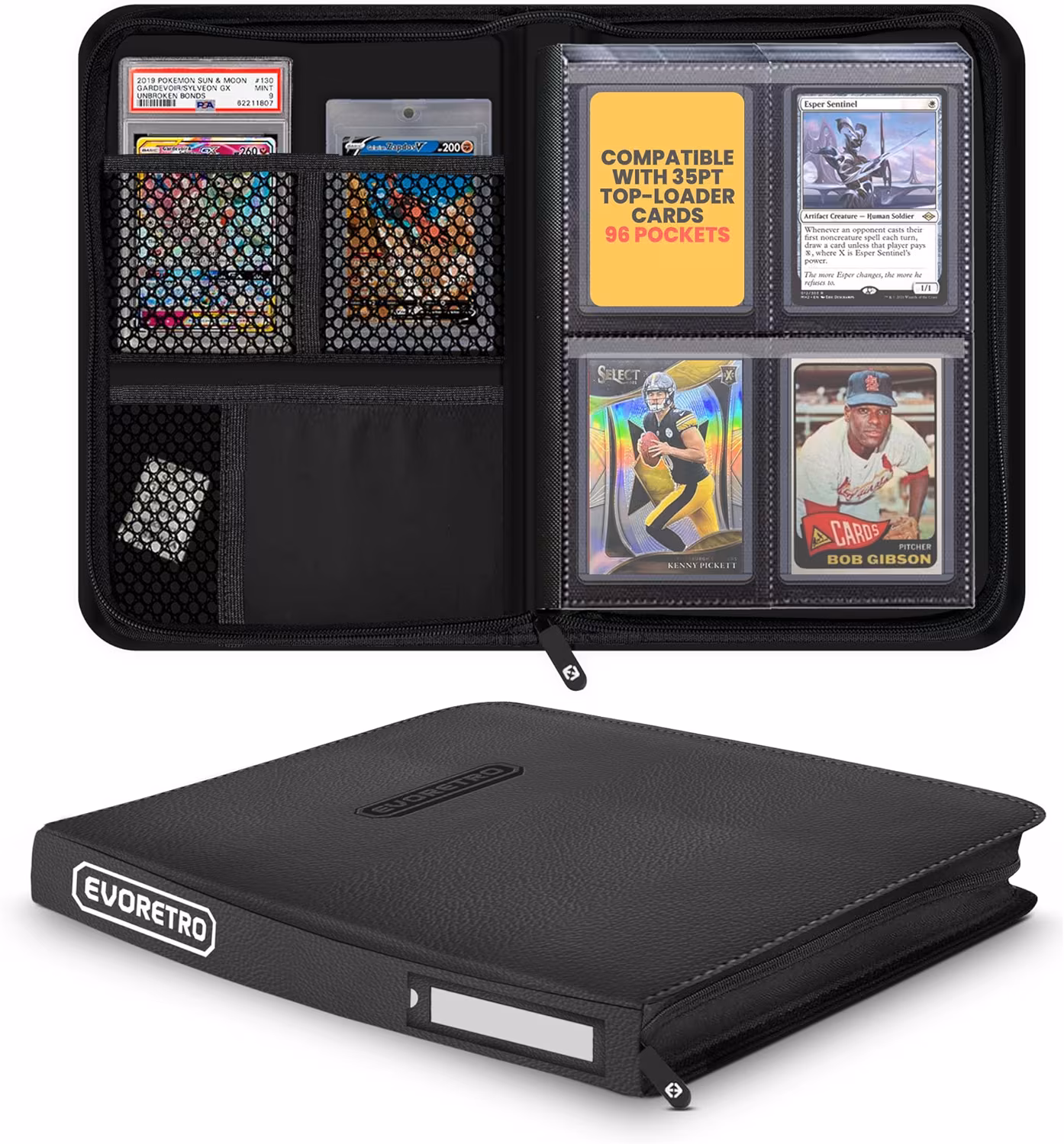 Toploader Binder for 96 Cards, PU Leather Collector Card Binder, Lorcana Card, Pokémon Card Binder, TCG Binder, MTG Card Binder, Sports Card Binder EVORETRO