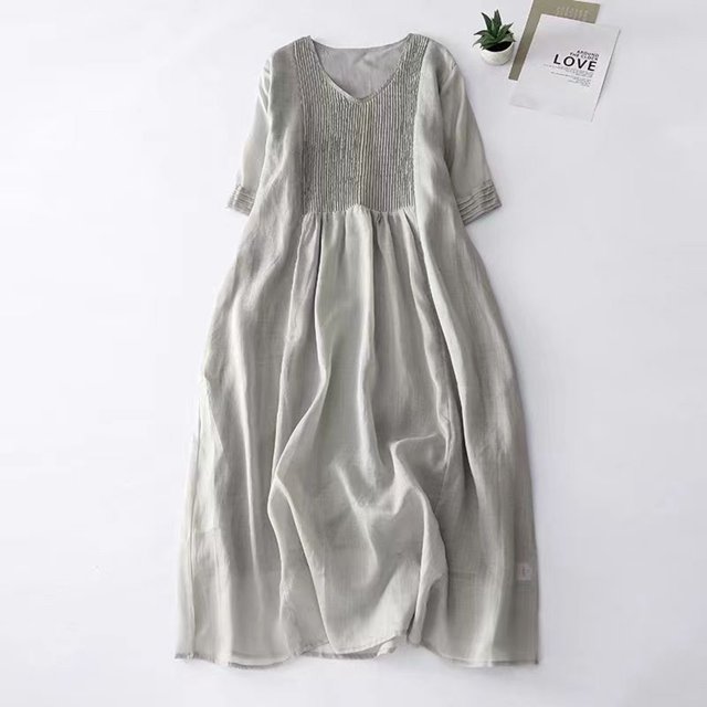 Meichang Robes Amples à Col Ras du Cou pour Femmes Coupe Ample Décontractée en Coton et Lin Robes Confortables à Manches Courtes Tunique Robes de Plage avec Poches Robes Midi Unies Gris TG