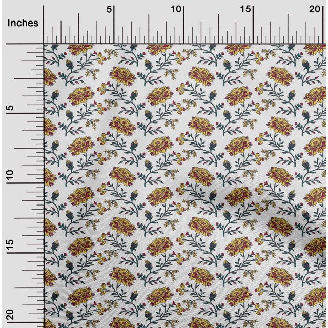 oneOone Georgette Viscose Fabric Leaves & Floral Block Printed Fabric 1 Yard 42 Inch Wide