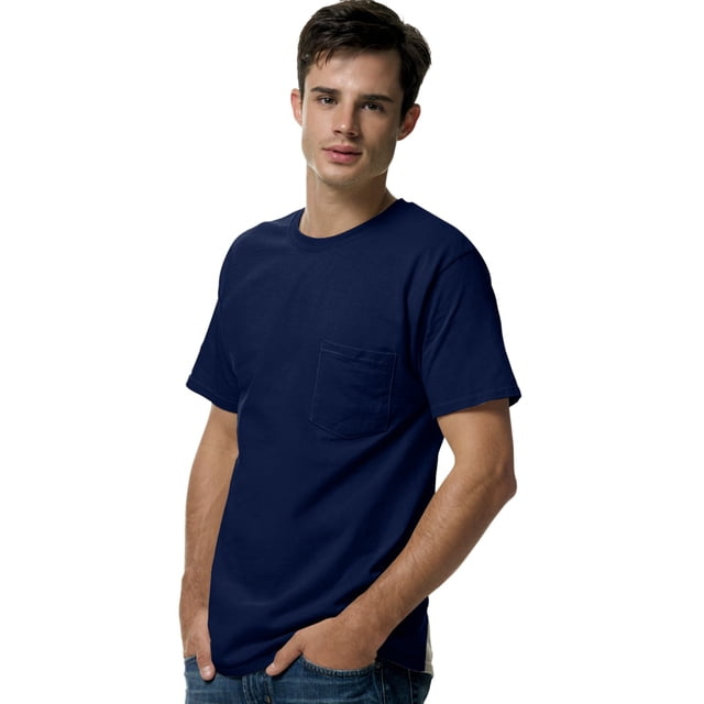 Hanes TAGLESS Men`s Pocket T-Shirt, M, Deep Navy