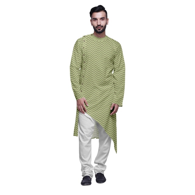 Atasi Indian Asymmetric Party Wear Kurta With White Churidar Pajama Set For Men