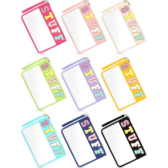 Nuanchu 9 Pcs Clear Chenille Letter Bag Stuff Pouch PVC Waterproof Preppy Cosmetic Makeup Bag Snack Travel Beach Pouch with Wrist let for Teen Women G