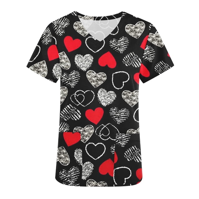 TIMIFIS Women's Valentine's Day nursing scrub top in black with a festive heart print design. Features a short sleeve, V-neck style, and functional pockets. Made from soft polyester material, this scrub top is ideal for women seeking comfortable and stylish workwear or casual attire.