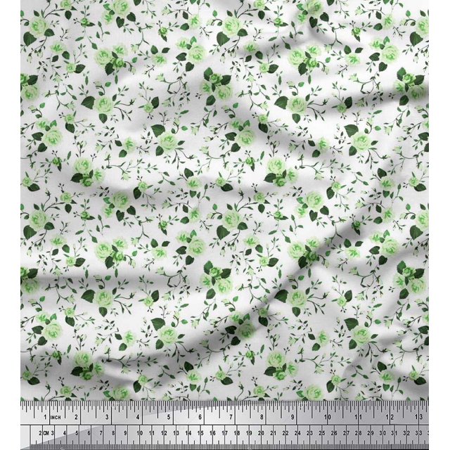 Soimoi Tissu en Viscose Chiffon Feuilles & Roses Imprimés de Tissu au Mètre 42 Pouces de Large