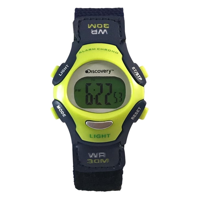 Discovery Kids Multi Function Digital Watch with blue nylon easy fastwrap strap and 30mm blue case with green button. Features 6-digit LCD, backlight, alarm chrono, stopwatch, date, and 30-meter water resistance, suitable for kids and sporty ladies.