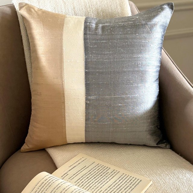 Cushion Cover Sofa, Gold & Grey 14"x14" (35x35 cm) Pillow Covers, Silk Color Block Patchwork Throw Pillows For Sofa, Patchwork Pattern Modern Style - Splendour Gold