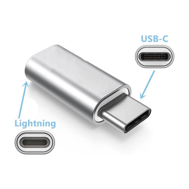 A close-up view of the (2 Packs) Lightning Female to USB Type C Male Adapter Connector Converter by Phonesmart. The adapter features a compact silver design with a Lightning female port on one end and a USB-C male connector on the other. It supports 35W and 27W PD fast charging, backward compatibility with lower power, and data transfer rates up to 480 Mbps. Compatible with iPhone 15 series, iPad models, Google Pixel, Samsung Galaxy devices, and more. Note: Does not support OTG video/audio functions or peripherals like headphones and USB drives.