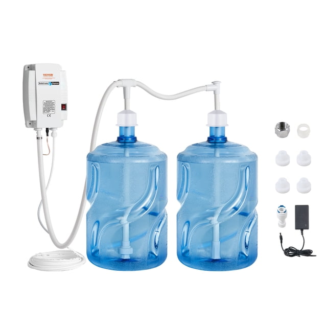 VEVOR 2x5 Gallon Bottled Water Dispenser Pump System featuring dual 5-gallon water jugs connected to a pump system with white tubing and an illuminated switch. Includes accessories such as adapters, connectors, and a power cord. Designed for supplying water to faucets, refrigerators, ice makers, and coffee machines with a working pressure range of 40-60 PSI and a flow rate of 0.67 GPM. Made from durable PA66 plastic with shock-absorbing pads for low noise operation.