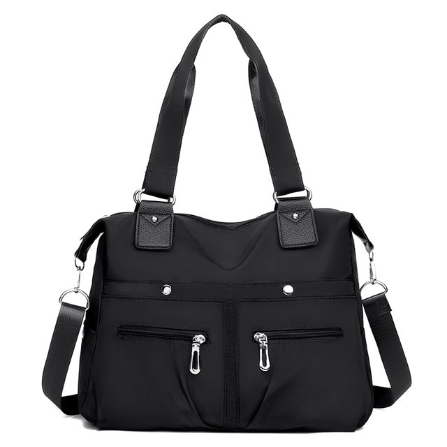Women Handbag Multi Pockets Shoulder Bag Waterproof Large Capacity Travel Bag in black, made of high-density Oxford cloth with a lightweight, waterproof, and wear-resistant design. Features multiple compartments for organized storage, including space for clothes, umbrellas, and A4 magazines. Includes adjustable shoulder straps, dual handles, and high-quality hardware. Dimensions: 36 x 13 x 30 cm.