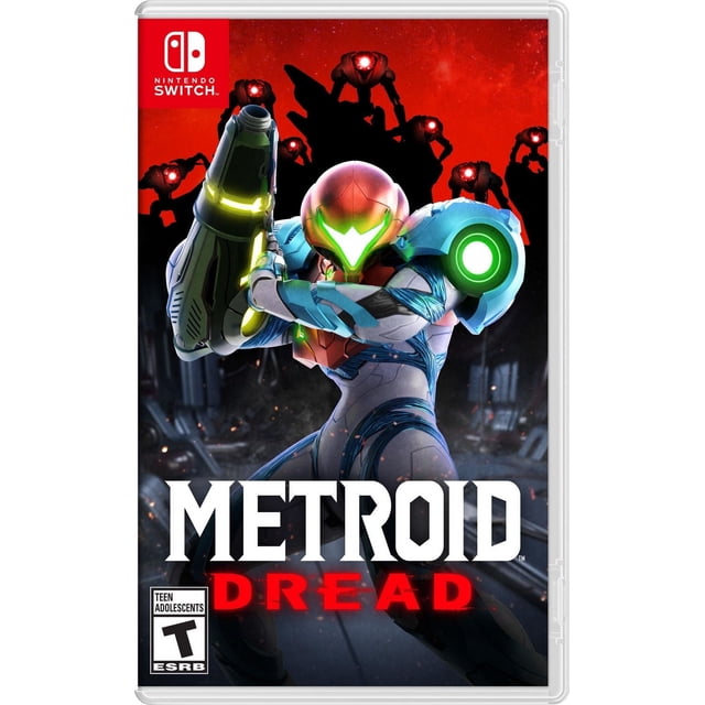 MetroidTM Dread (Nintendo Switch) Couverture de Jeu Mettant en Vedette Samus Aran en Armure Bleue et orange Orientant Son Canon à Bras, avec des robots E.M.M.I. aux Yeux Rouges Se Silhouetant contre un Ciel Rouge, Mettant en Valeur Ce Jeu Nintendo Switch d'Action-aventure 2D avec d'Intenses Combats de Science-Fiction.