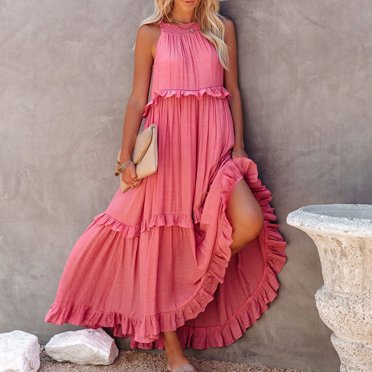 Ruffles Navy Blue A-line Loose Casual Maxi Long Summer Women Dress Halter Sleeveless Robe Party Vestidos - Pink / XL