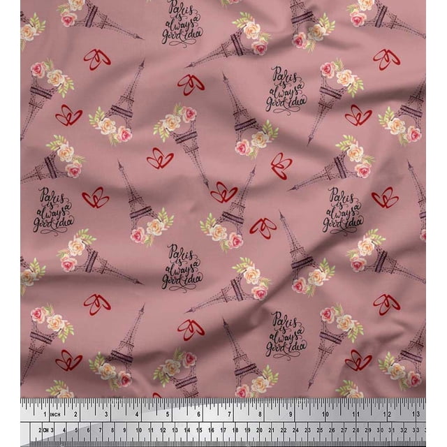 Soimoi polyester Crepe Fabric Text,Floral & Eiffel Tower Architectural Fabric Prints By Yard 52 Inch Wide