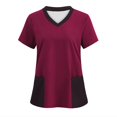 thumbnail image 1 of Hauts de Sarrau pour Femmes à Imprimé, Uniforme d'Infirmière à Blocs de Couleur, Chemises de Travail à Manches Courtes, Tunique Médicale à Col en V, Bourgogne, P, 1 of 3