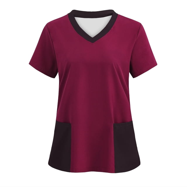 Hauts de Sarrau pour Femmes à Imprimé, Uniforme d'Infirmière à Blocs de Couleur, Chemises de Travail à Manches Courtes, Tunique Médicale à Col en V, Bourgogne, P