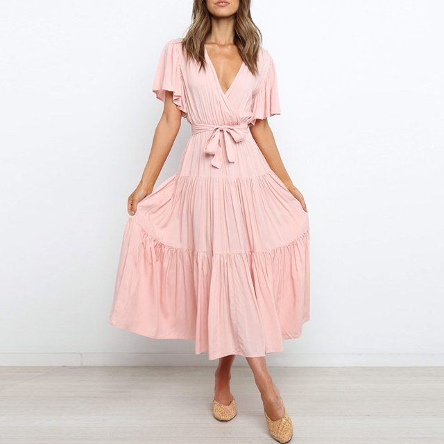 LOVZFMLL Women Solid Short Sleeve Loose Ruffles Lacing Dress Pink S