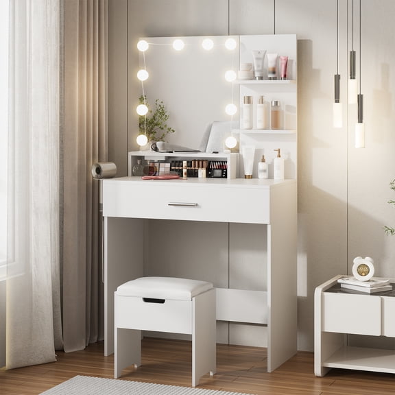 Vabches Coiffeuse avec Miroir Éclairé et Barre d'Alimentation, Ensemble de Coiffeuse Blanc avec Grand Rangement, 3 Modes d'Éclairage, 31,5 Pouces, Blanc