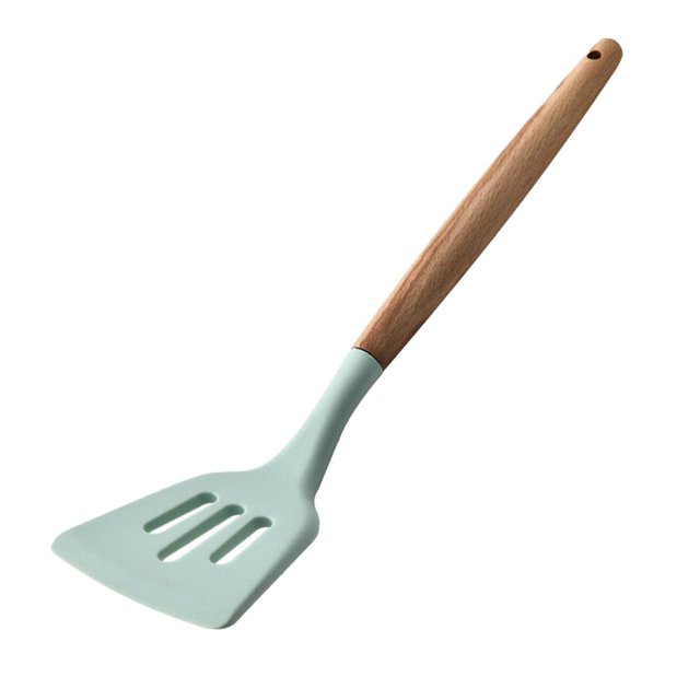 Spatule Spatule Ajourée Fouet à Oeufs Ustensile de Cuisine pour la Cuisson Ménager. un Spatule Ajourée en silicone Vert Pâle avec Manche en Bois Naturel, Conçu pour les Batteries de Cuisine Antiadhésives. Durable, Résistant à la Chaleur jusqu'à 230 °C, et Facile à Nettoyer. Convient à Diverses Tâches de Cuisson et de Pâtisserie.