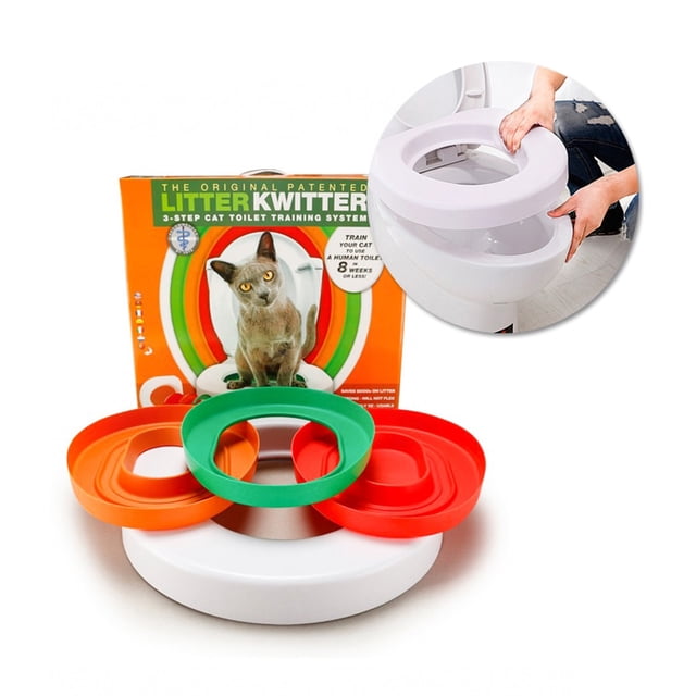 Cat Training Toilet Seat Pet Plastic Litter Box Litter Tray Kit with step-by-step training guide. Includes a white training seat and colored inserts for transitioning cats from litter box to toilet. Fits all toilet shapes and sizes, ideal for potty training cats. Packaging features a cat and product details.