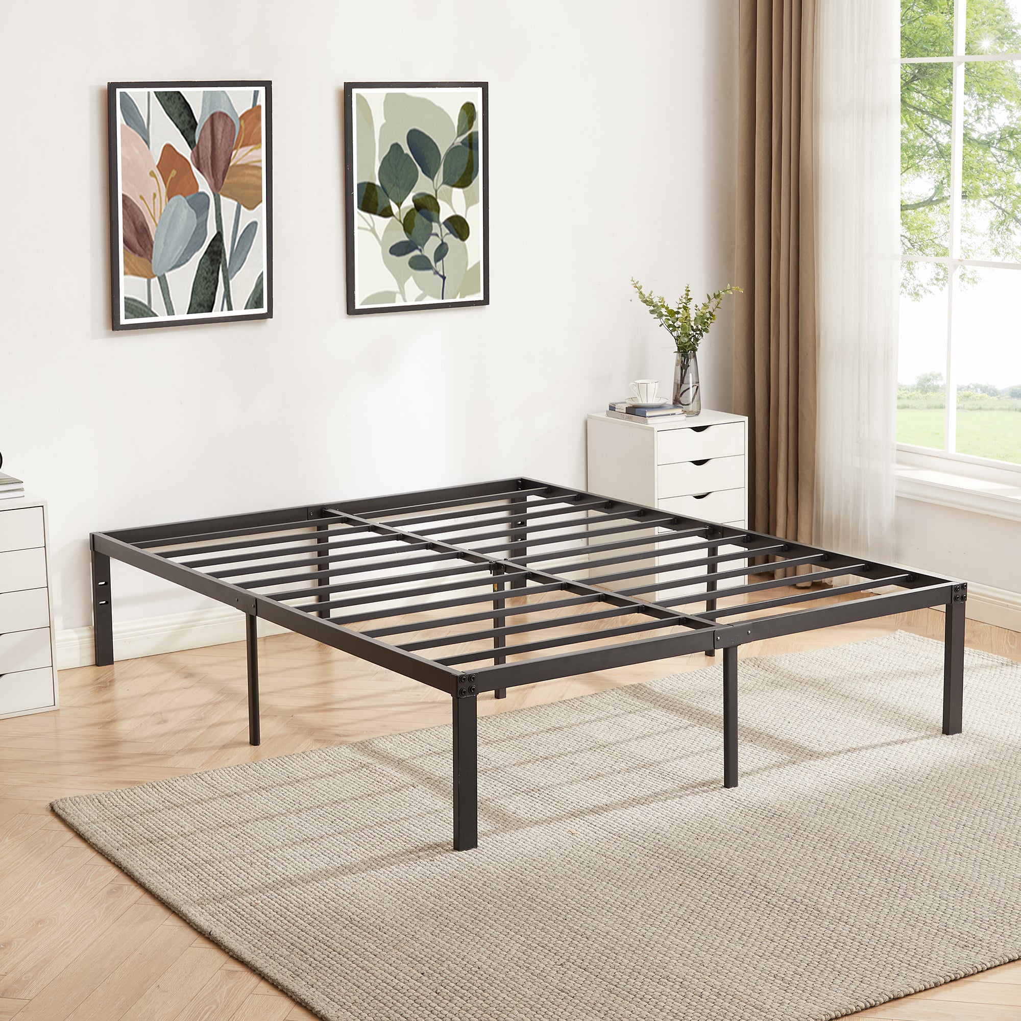 VECELO 16" Full Size Metal Platform Bed Frame, Heavy Duty Steel Slat/Mattress Foundation, No Box Spring Needed, Black